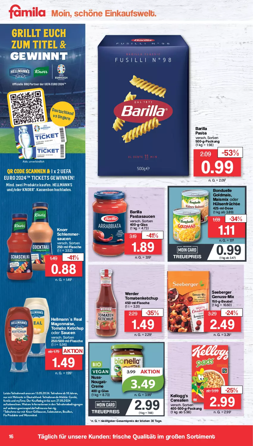 Aktueller Prospekt Famila - Prospekte - von 02.04 bis 06.04.2024 - strona 17 - produkty: barilla, Berger, beutel, bio, bonduelle, bonduelle goldmais, cerealien, creme, eis, elle, erde, flasche, früchte, gewinnspiel, Goldmais, grill, grillsauce, hülsenfrüchte, Kellogg‘s, ketchup, knorr, mais, mayonnaise, Nougatcreme, nuss, pasta, reis, salat, sauce, saucen, schlemmersauce, schlemmersaucen, seeberger, senf, Ti, tomate, tomaten, tomatenketchup, tomato ketchup, Yo, ZTE