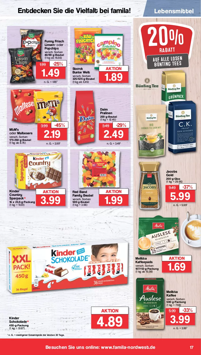 Aktueller Prospekt Famila - Prospekte - von 02.04 bis 06.04.2024 - strona 18 - produkty: beutel, bünting tee, chips, daim, decke, eis, Funny Frisch, jacobs, Jacobs Gold, kaffee, kaffeepads, Kinder, kinder country, kinder schokolade, lebensmittel, linsen, malteser, melitta, pralinen, reis, schoko, schokolade, storck, tee, Ti, ZTE