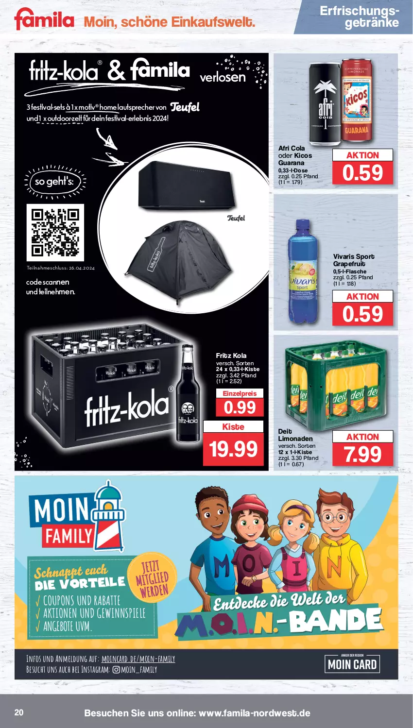 Aktueller Prospekt Famila - Prospekte - von 02.04 bis 06.04.2024 - strona 21 - produkty: Afri Cola, angebot, angebote, cola, coupon, coupons, deit, eis, erfrischungsgetränk, erfrischungsgetränke, flasche, fritz, getränk, getränke, gewinnspiel, grapefruit, lautsprecher, limo, limonade, limonaden, Rana, reis, Spiele, Sport, Ti, Vivaris, Zelt