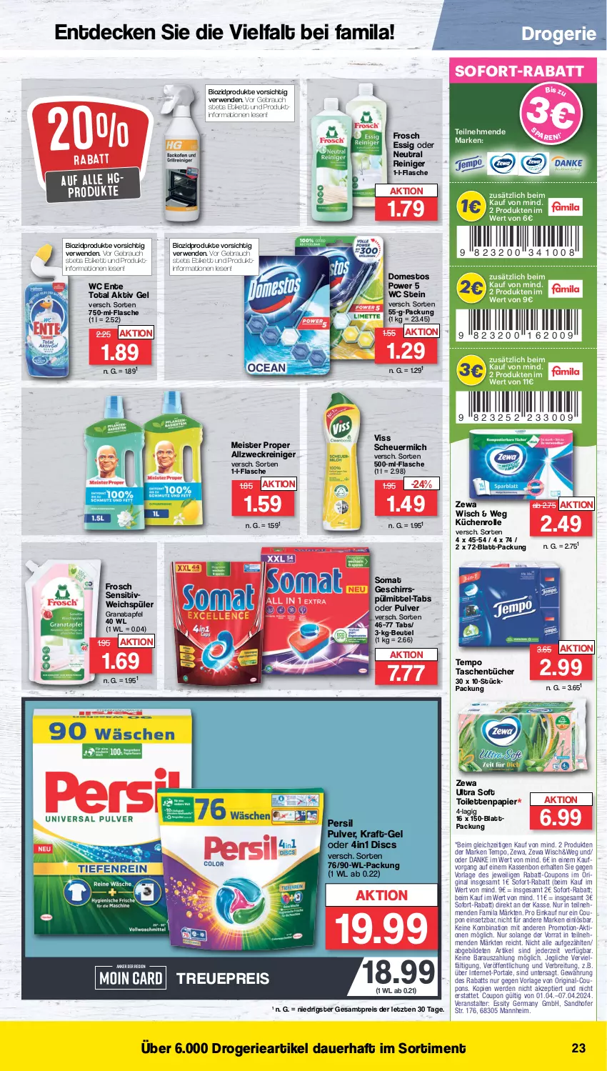 Aktueller Prospekt Famila - Prospekte - von 02.04 bis 06.04.2024 - strona 24 - produkty: aktiv gel, allzweckreiniger, apfel, auer, beutel, bio, biozidprodukte, Brei, coupon, coupons, decke, domestos, eis, ente, erde, essig, flasche, Frosch, Germ, geschirr, geschirrspülmittel, gin, grana, granatapfel, Heu, kraft, küche, Küchen, küchenrolle, Meister, meister proper, milch, papier, persil, rabatt-coupon, Rana, Rauch, reiniger, reis, rwe, scheuermilch, sofort-rabatt, somat, spülmittel, Tasche, taschen, taschentücher, Tempo, Ti, toilettenpapier, tücher, wc ente, weck, weichspüler, zewa, ZTE