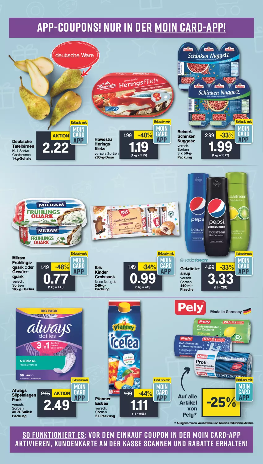 Aktueller Prospekt Famila - Prospekte - von 02.04 bis 06.04.2024 - strona 3 - produkty: Alwa, Always, Becher, Birnen, coupon, coupons, Croissant, eis, eistee, filet, filets, flasche, getränk, getränke, getränkesirup, gewürz, gewürzquark, hawesta, hering, Herings, heringsfilets, Kinder, milram, nuss, pely, pfanne, Pfanner, quark, reinert, ring, Schal, Schale, schinken, sirup, slip, slipeinlagen, tafelbirnen, tee, Ti