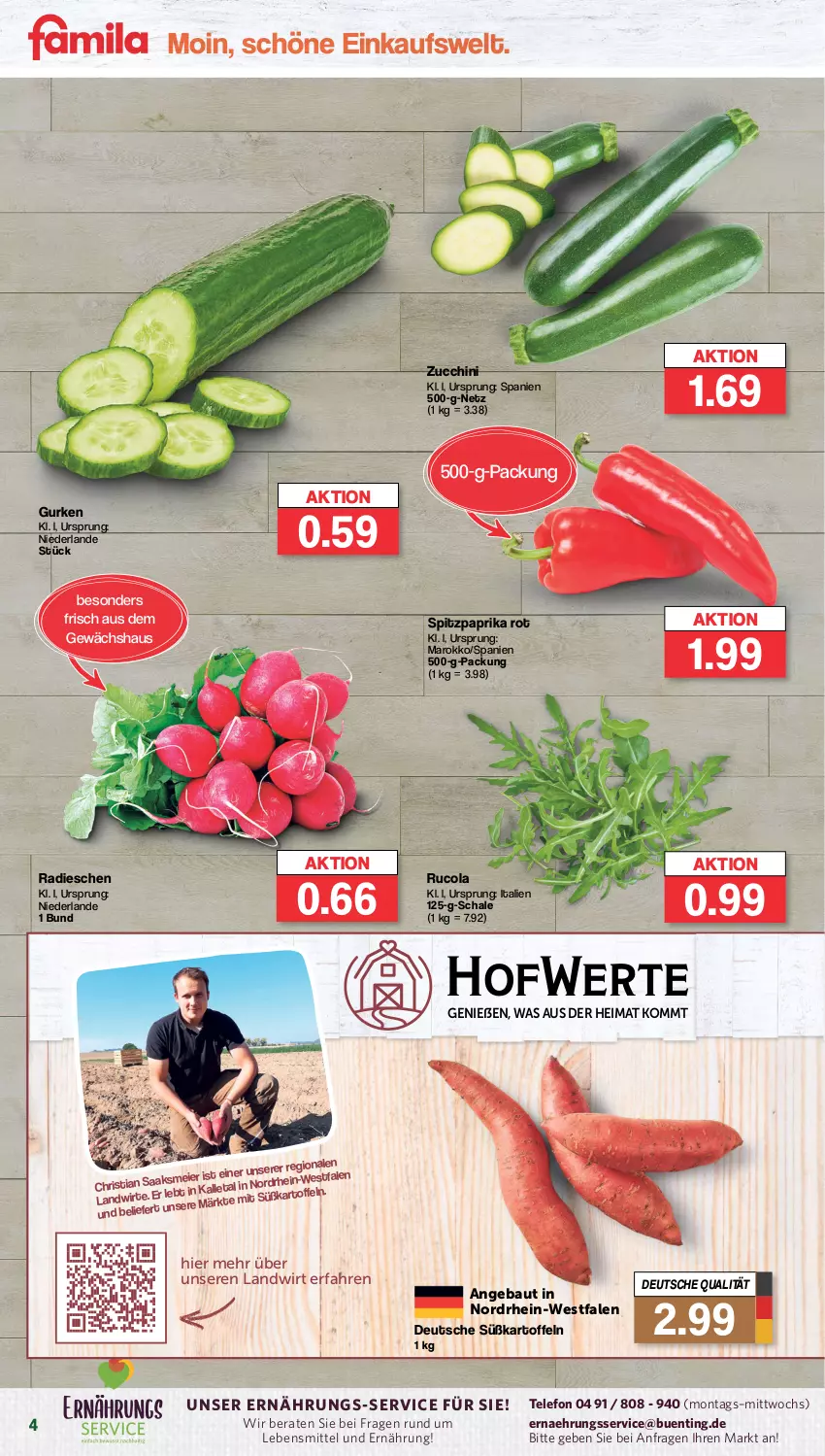 Aktueller Prospekt Famila - Prospekte - von 02.04 bis 06.04.2024 - strona 4 - produkty: Bau, cola, eier, Gewächshaus, gurke, gurken, kartoffel, kartoffeln, lebensmittel, paprika, paprika rot, radieschen, rucola, Schal, Schale, Spitzpaprika, Süßkartoffeln, telefon, Ti, zucchini