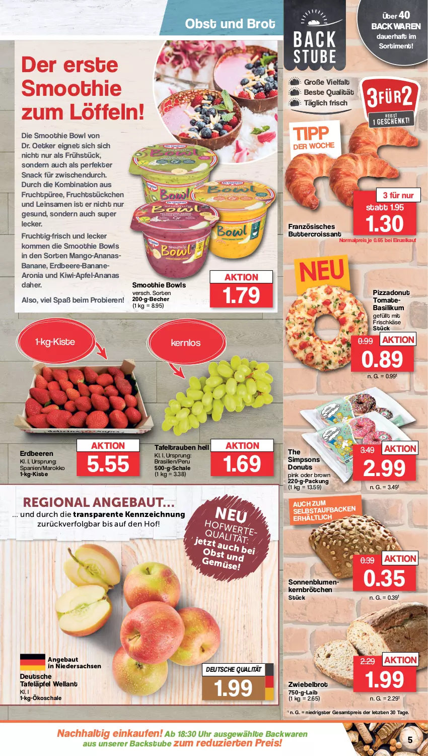 Aktueller Prospekt Famila - Prospekte - von 02.04 bis 06.04.2024 - strona 5 - produkty: ananas, apfel, auer, backwaren, banane, basilikum, Bau, Becher, beere, beeren, bier, Biere, blume, blumen, brot, brötchen, butter, Croissant, Donut, donuts, Dr. Oetker, eis, ente, erdbeere, erdbeeren, frischkäse, frucht, Käse, kiwi, LG, Löffel, mango, obst, pizza, püree, reis, sac, Schal, Schale, sim, smoothie, snack, sonnenblume, sonnenblumen, stube, tafeläpfel, tafeltrauben, Ti, tomate, trauben, uhr, Wella, ZTE, zwiebel