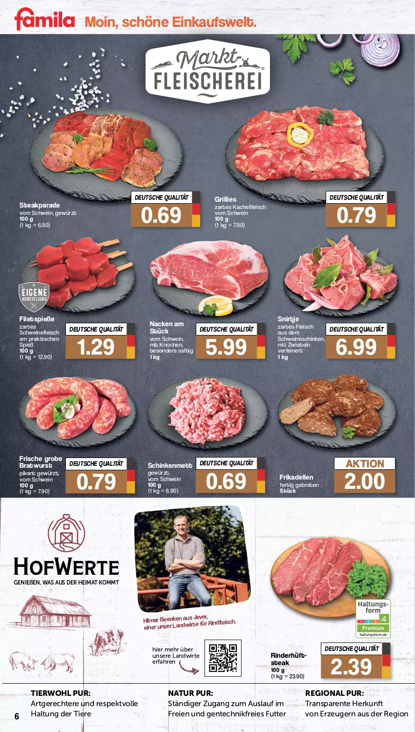 Aktueller Prospekt Famila - Prospekte - von 02.04 bis 06.04.2024 - strona 6 - produkty: braten, bratwurst, dell, eis, elle, ente, filet, filets, fleisch, frikadellen, gewürz, grill, hüftsteak, jever, Mett, mit zwiebeln, natur, rind, rinder, rindfleisch, saft, schinken, schwein, schweine, schweinefleisch, steak, Ti, Tiere, tisch, wein, weine, wurst, zwiebel, zwiebeln