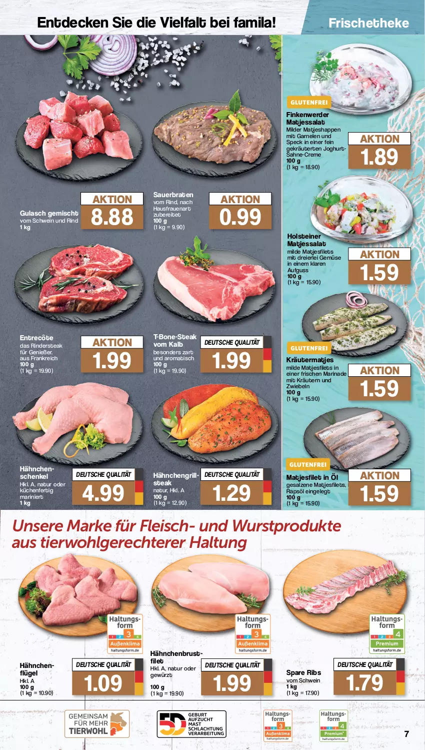 Aktueller Prospekt Famila - Prospekte - von 02.04 bis 06.04.2024 - strona 7 - produkty: auer, braten, brustfilet, creme, decke, eier, eis, entrecôte, erde, filet, filets, fleisch, garnelen, gewürz, grill, gulasch, hähnchenbrust, hähnchenbrustfilet, hähnchenflügel, hähnchenschenkel, henkel, holsteiner, joghur, joghurt, kräuter, kräutern, küche, Küchen, LG, marinade, matjes, Matjesfilet, matjesfilets, natur, rapsöl, rind, rinder, Rindersteak, sahne, salat, salz, schenkel, schwein, schwein und rind, spare ribs, Speck, steak, steiner, Ti, tisch, vom schwein und rind, wein, wurst, zwiebel, zwiebeln