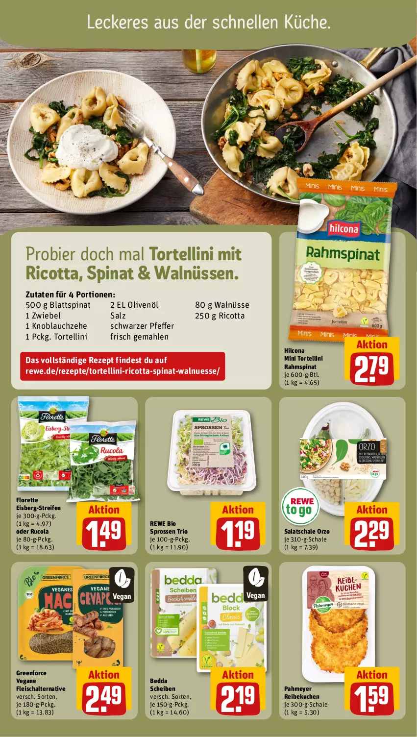 Aktueller Prospekt Rewe - Prospekte - von 29.01 bis 03.02.2024 - strona 7 - produkty: bier, bio, blattspinat, cola, eis, elle, fleisch, Fleischalternative, florette, hilcona, knoblauch, küche, kuchen, olive, oliven, olivenöl, pfeffer, reifen, rewe bio, rezept, rezepte, ricotta, rucola, salat, salz, Schal, Schale, spinat, Ti, torte, tortellini, Vegane Fleisch, zwiebel