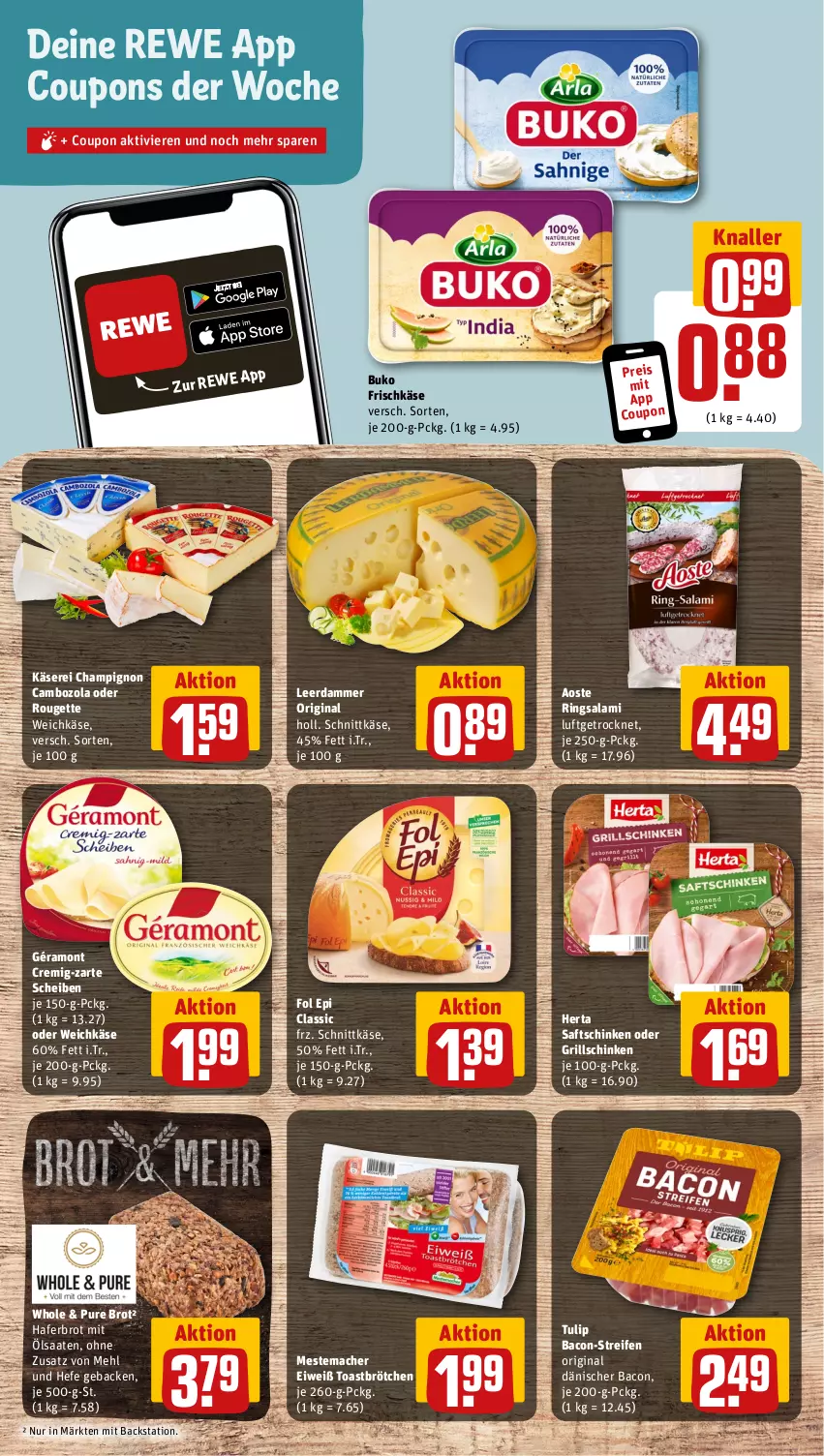 Aktueller Prospekt Rewe - Prospekte - von 29.01 bis 03.02.2024 - strona 9 - produkty: bacon, brot, brötchen, Buko, cambozola, champignon, coupon, coupons, eis, fol epi, frischkäse, geback, géramont, gin, grill, hafer, Hefe, herta, Käse, leerdammer, mac, mehl, mestemacher, reifen, reis, ring, rouge, rougette, saft, saftschinken, salami, schinken, schnittkäse, Ti, toast, tulip, weichkäse