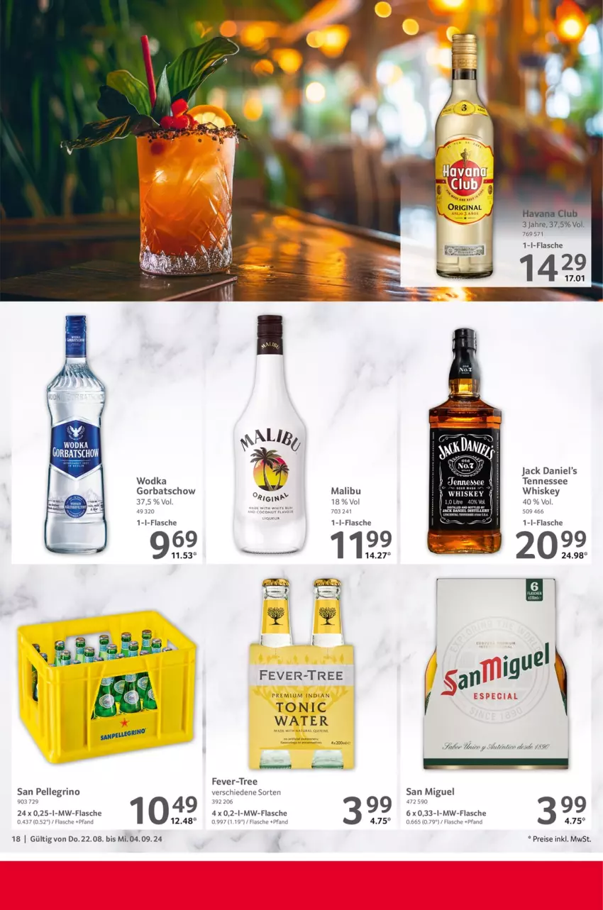 Aktueller Prospekt Selgros - Gastronomie - von 22.08 bis 04.09.2024 - strona 18 - produkty: eis, elle, fever-tree, flasche, gin, Gorbatschow, jack daniel, Jack Daniel’s, Malibu, mw-flasche, reis, san pellegrino, Ti, tonic, whiskey, wodka