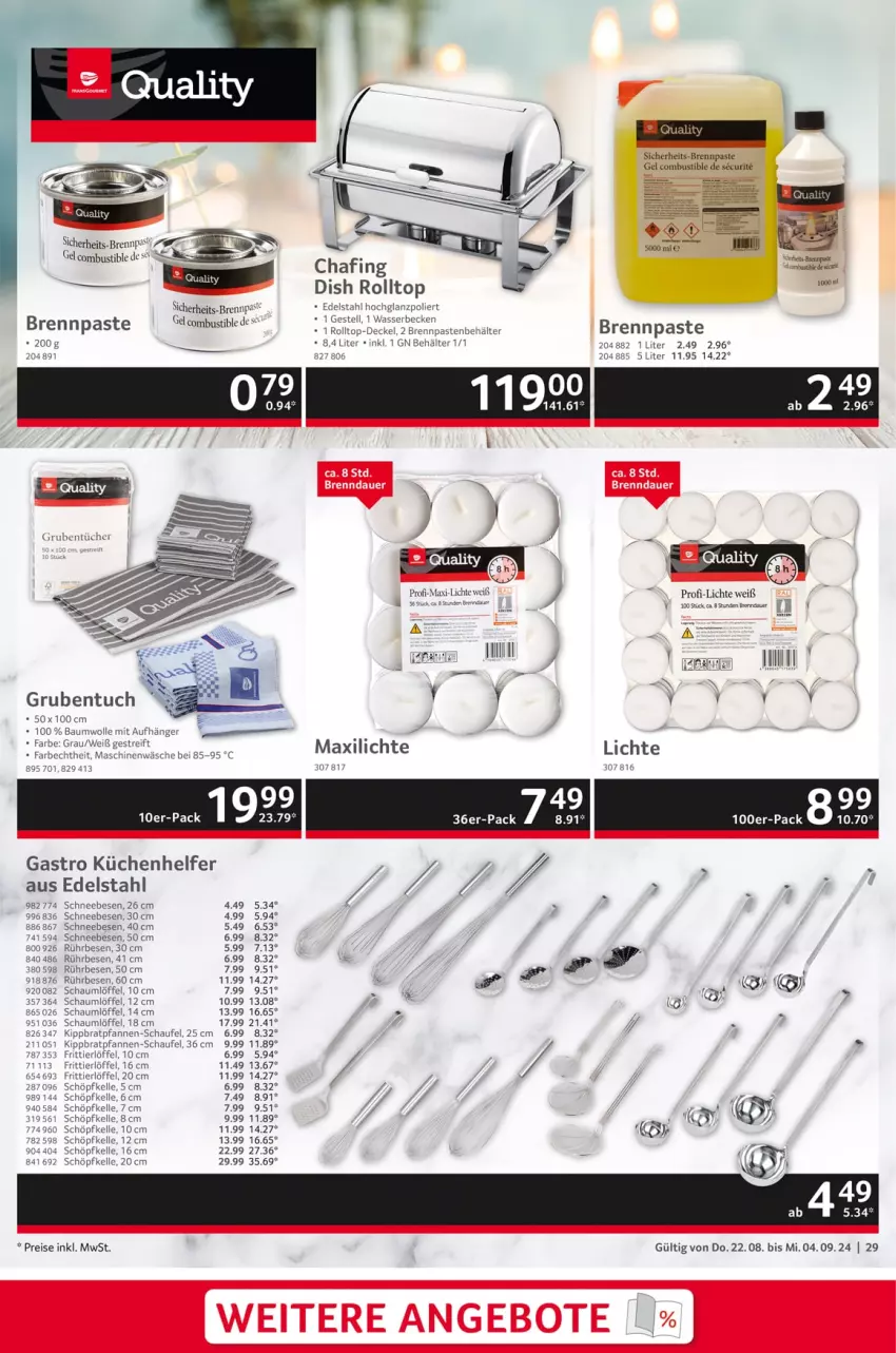 Aktueller Prospekt Selgros - Gastronomie - von 22.08 bis 04.09.2024 - strona 29 - produkty: angebot, angebote, auer, Behälter, bratpfanne, Brennpaste, decke, Deckel, edelstahl, eis, elle, küche, Küchen, Küchenhelfer, Löffel, pfanne, pfannen, reis, Schneebesen, Ti, tuc