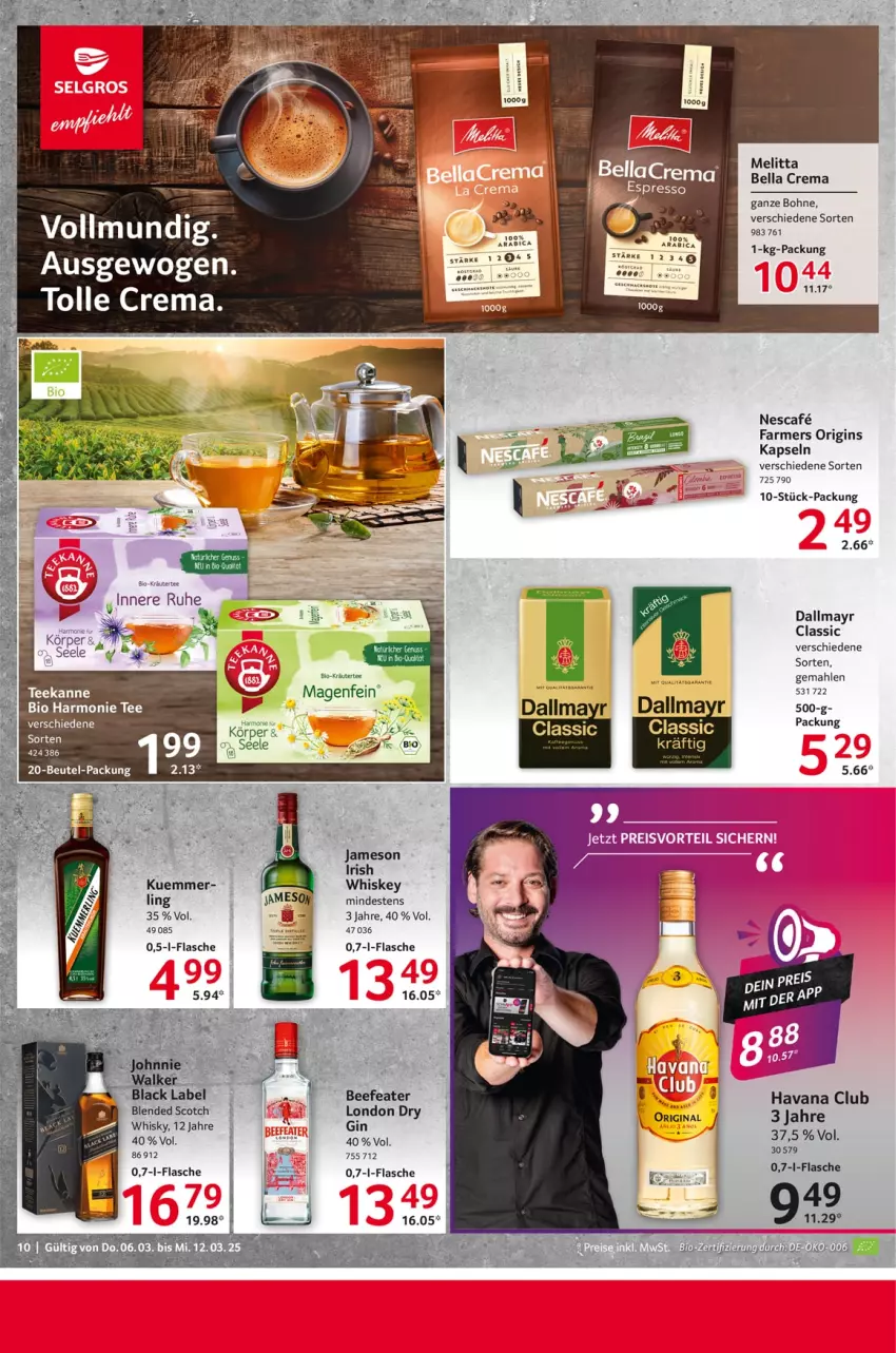 Aktueller Prospekt Selgros - Food - von 06.03 bis 12.03.2025 - strona 10 - produkty: beef, Beefeater, bella crema, bio, blended scotch, bohne, dallmayr, eis, flasche, gin, Havana Club, jameson, london dry, melitta, nescafe, scotch, tee, teekanne, Ti, whiskey, whisky