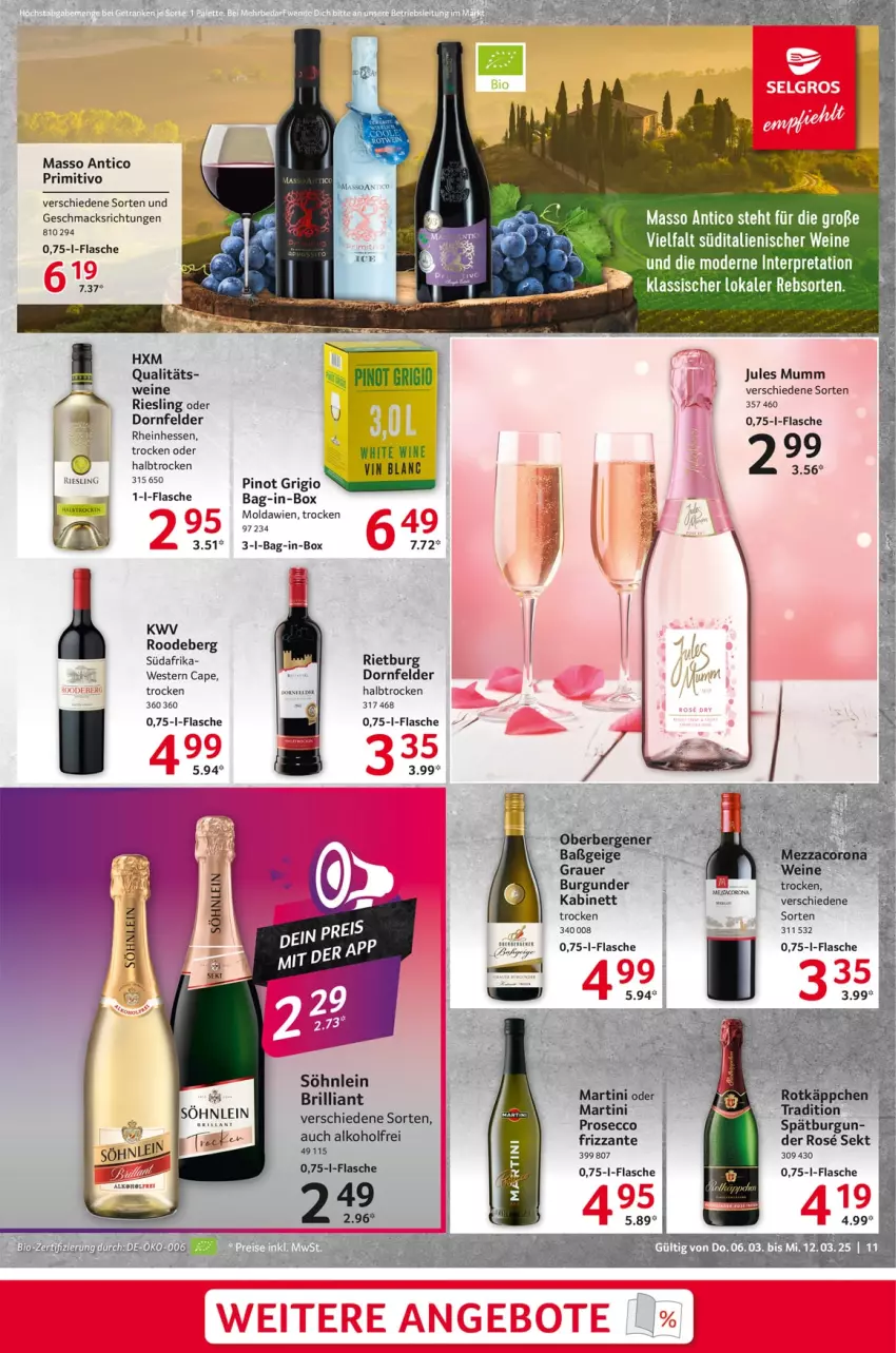 Aktueller Prospekt Selgros - Food - von 06.03 bis 12.03.2025 - strona 11 - produkty: alkohol, bag-in-box, Cap, dornfelder, ecco, flasche, frizzante, jules mumm, kabinett, korn, mac, martini, Mode, mumm, Pinot, pinot grigio, primitivo, prosecco, riesling, sekt, söhnlein, Ti, wein, weine, Weste