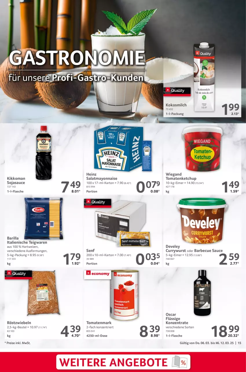 Aktueller Prospekt Selgros - Food - von 06.03 bis 12.03.2025 - strona 15 - produkty: barbecue, barilla, beutel, curry, currywurst, develey, eimer, eis, flasche, hartweizen, heinz, ketchup, kikkoman, kokos, kokosmilch, mayonnaise, milch, reis, röstzwiebeln, salat, sauce, senf, soja, sojasauce, teigwaren, Ti, tomate, tomaten, tomatenketchup, tomatenmark, wurst, Yo, zwiebel, zwiebeln