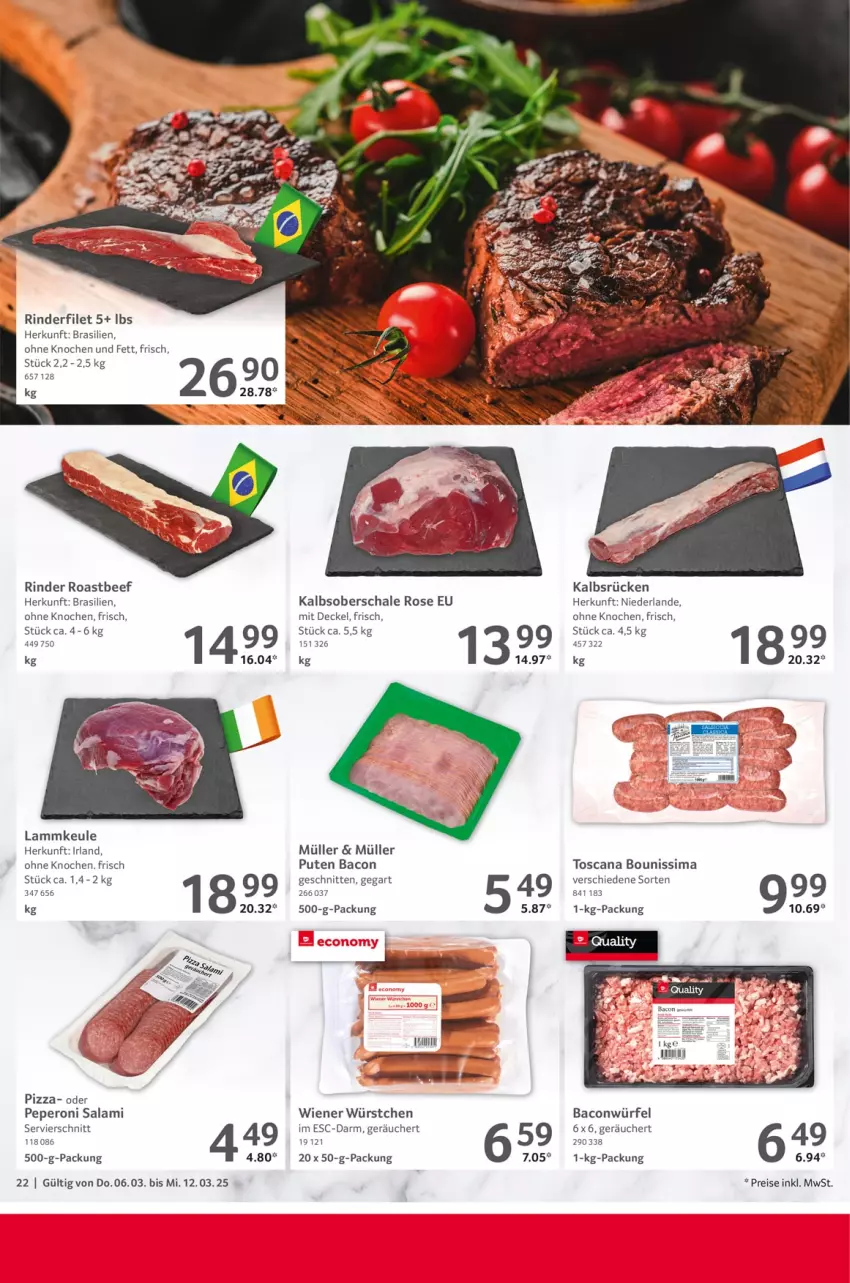 Aktueller Prospekt Selgros - Food - von 06.03 bis 12.03.2025 - strona 22 - produkty: bacon, beef, decke, Deckel, eis, filet, lamm, lammkeule, Müller, peperoni, Peroni, pizza, pute, reis, rind, rinder, rinderfilet, roastbeef, salami, Schal, Schale, schnitten, sim, Ti, wiener, wiener würstchen, würfel, würstchen