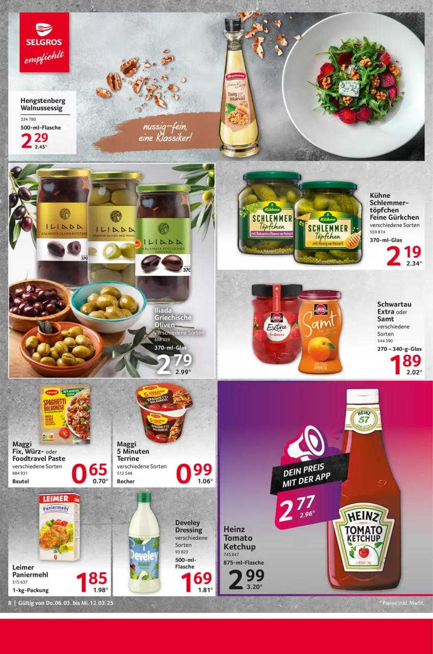 Aktueller Prospekt Selgros - Food - von 06.03 bis 12.03.2025 - strona 8 - produkty: beutel, eimer, essig, feine gürkchen, flasche, hengstenberg, ketchup, Kühne, leimer, mehl, nuss, olive, oliven, Paniermehl, Schwartau, terrine, Ti, Töpfchen, walnuss