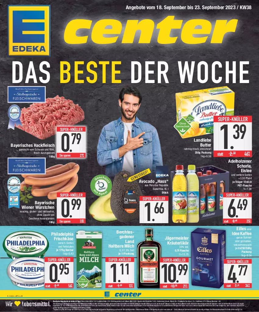 Aktueller Prospekt E Center - Angebote der Woche - von 18.09 bis 23.09.2023 - strona 1 - produkty: adelholzener, angebot, angebote, avocado, Becher, bohne, bohnen, butter, deka, eis, eistee, flasche, fleisch, frischkäse, Germ, hackfleisch, hackfleisch gemischt, haltbare milch, Holz, jägermeister, kaffee, Käse, kräuter, kräuterlikör, landliebe, lebensmittel, LG, likör, mac, Meister, milch, pet-flasche, philadelphia, reis, rind, schorle, schwein, schwein und rind, Streichzart, super-knüller, tee, Ti, vom schwein und rind, wein, wiener, wiener würstchen, würstchen, ZTE