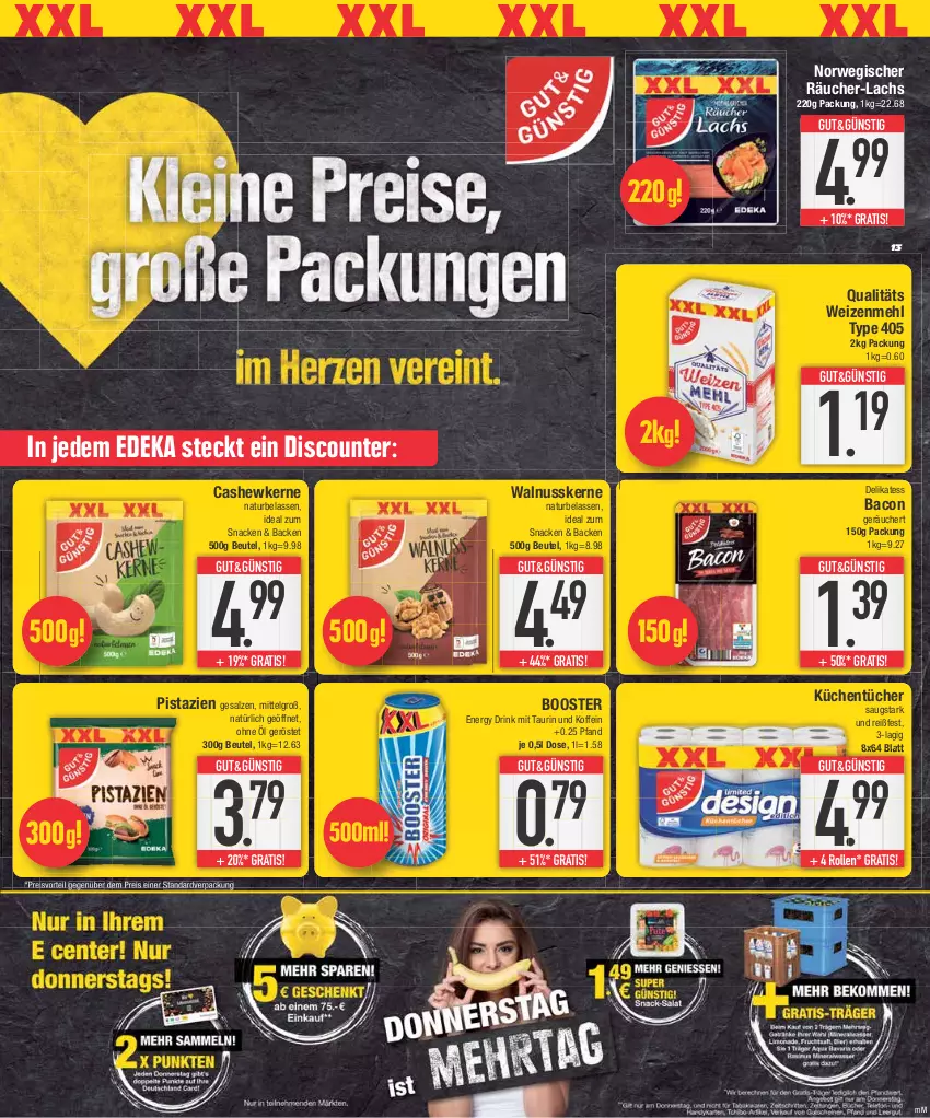 Aktueller Prospekt E Center - Angebote der Woche - von 18.09 bis 23.09.2023 - strona 13 - produkty: bacon, beutel, Cashew, cashewkerne, deka, discount, drink, eis, energy drink, küche, Küchen, küchentücher, lachs, LG, mehl, natur, nuss, pistazien, preisvorteil, reis, rwe, salz, snack, Ti, tücher, type 405, walnuss, walnusskerne, weizenmehl