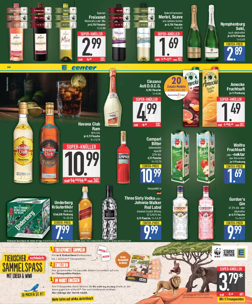 Aktueller Prospekt E Center - Angebote der Woche - von 18.09 bis 23.09.2023 - strona 14 - produkty: alkohol, amecke, aperitif, asti, beko, blended scotch, blended scotch whisky, campari, cin, cinzano, Cinzano Asti, deka, eis, ente, fisch, flasche, freixenet, frucht, fruchtsaft, Geflügel, gin, gordon, Havana Club, johnnie walker, kräuter, kräuterlikör, lamm, likör, merl, merlot, Nektar, reis, rind, rum, saft, Schal, Schale, Schleich, scotch, scotch whisky, sekt, super-knüller, Three Sixty, Ti, Tiere, underberg, vodka, vorspeise, whisky, Wild, ZTE