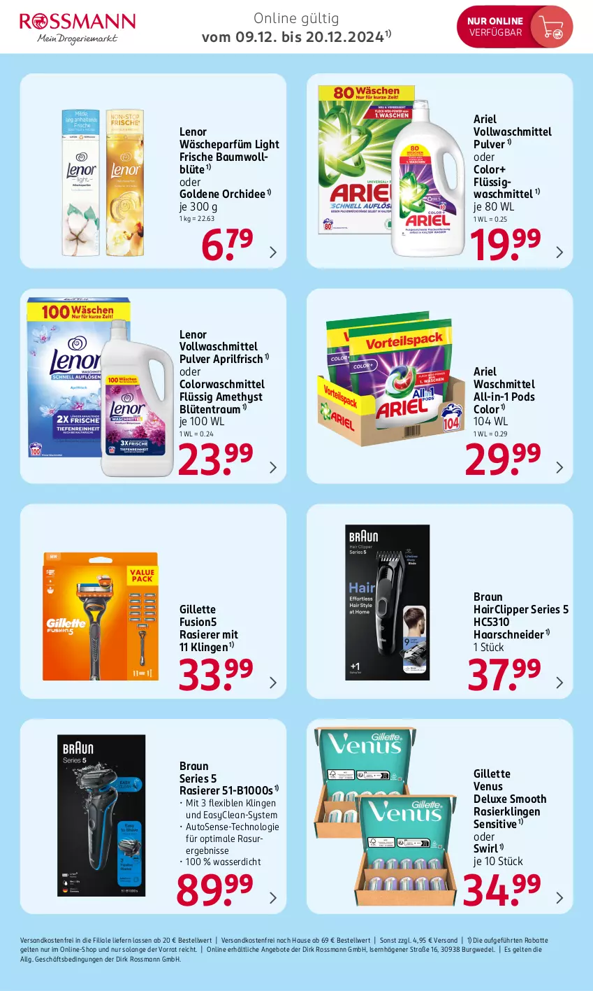 Aktueller Prospekt Rossmann - Prospekte - von 16.12 bis 27.12.2024 - strona 8 - produkty: angebot, angebote, ariel, ariel waschmittel, auto, Bau, Blüte, braun, colorwaschmittel, fusion5, gillette, gillette venus, haarschneider, Hairclipper, lenor, LG, ndk, orchidee, Pods, pril, rasierer, Rasierklinge, rasierklingen, swirl, Ti, venus, versandkostenfrei, vollwaschmittel, wäscheparfüm, waschmittel, wasser, wedel