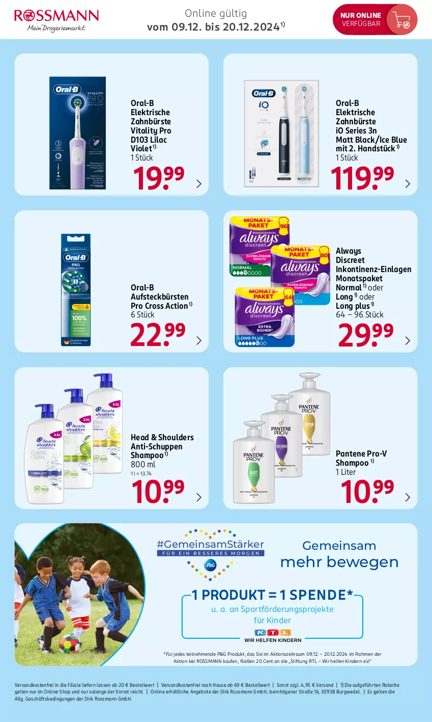 Aktueller Prospekt Rossmann - Prospekte - von 16.12 bis 27.12.2024 - strona 9 - produkty: Alwa, Always, angebot, angebote, aufsteckbürsten, bürste, bürsten, cross action, Discreet, elektrische zahnbürste, Kinder, lack, LG, ndk, oral-b, pantene, pantene pro-v, pro-v, shampoo, Sport, Ti, versandkostenfrei, vita, vitality, wedel, zahnbürste