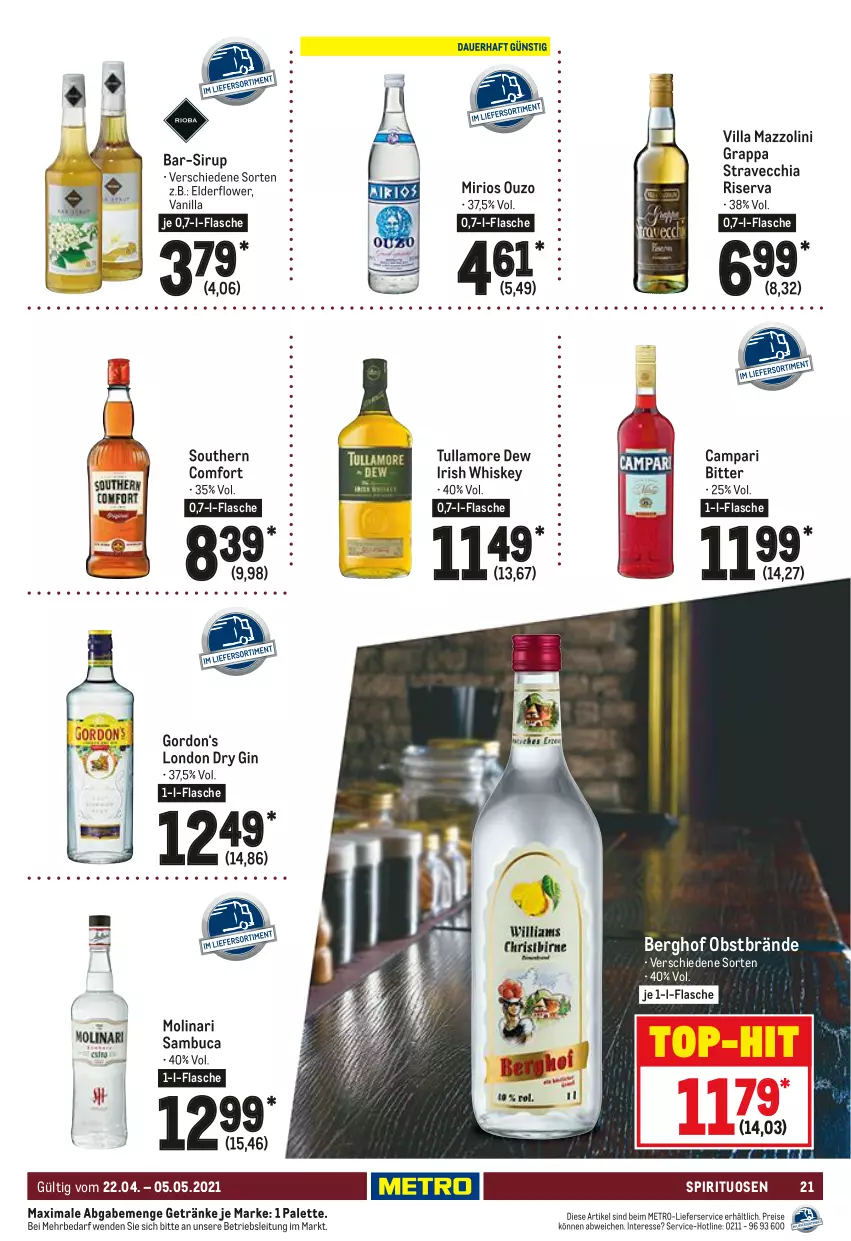 Aktueller Prospekt Metro - GastroJournal - von 22.04 bis 05.05.2021 - strona 21 - produkty: campari, chia, dry gin, eis, flasche, getränk, getränke, gin, gordon, grappa, irish whiskey, lieferservice, london dry, london dry gin, Metro, Molinari, obst, ouzo, Palette, reis, riserva, sambuca, sirup, Southern Comfort, spirituosen, Ti, tullamore, tullamore dew, whiskey