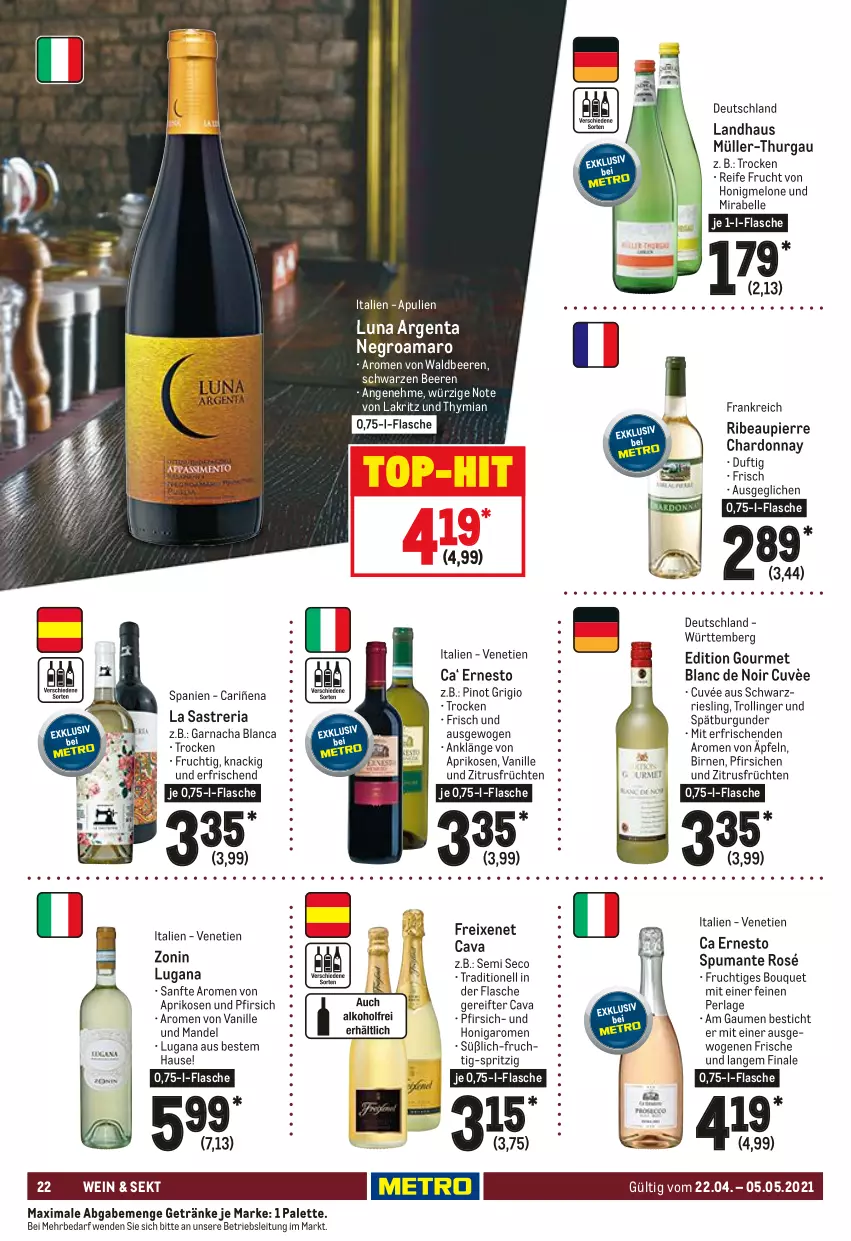 Aktueller Prospekt Metro - GastroJournal - von 22.04 bis 05.05.2021 - strona 22 - produkty: amaro, aprikose, aprikosen, beere, beeren, Birnen, burgunder, Cava, chardonnay, cuvée, elle, ernesto, flasche, freixenet, frucht, früchte, früchten, getränk, getränke, honig, honigmelone, Lakritz, mandel, melone, Müller, Müller-Thurgau, Palette, perla, pfirsich, pfirsiche, Pinot, pinot grigio, puma, Ria, riesling, schwarzriesling, sekt, spätburgunder, spumante, Ti, trolli, trollinger, vanille, wein, zonin