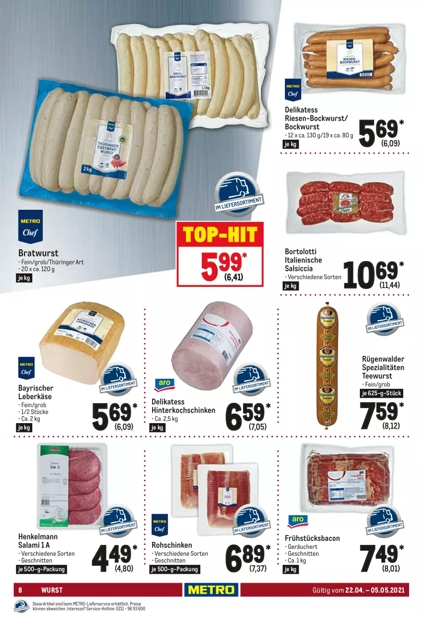 Aktueller Prospekt Metro - GastroJournal - von 22.04 bis 05.05.2021 - strona 8 - produkty: bacon, bockwurst, bratwurst, eis, henkel, hinterkochschinken, Käse, kochschinken, leberkäs, leberkäse, lieferservice, Metro, reis, ring, rohschinken, rügenwalder, salami, salsiccia, schinken, schnitten, Spezi, tee, teewurst, Ti, wurst