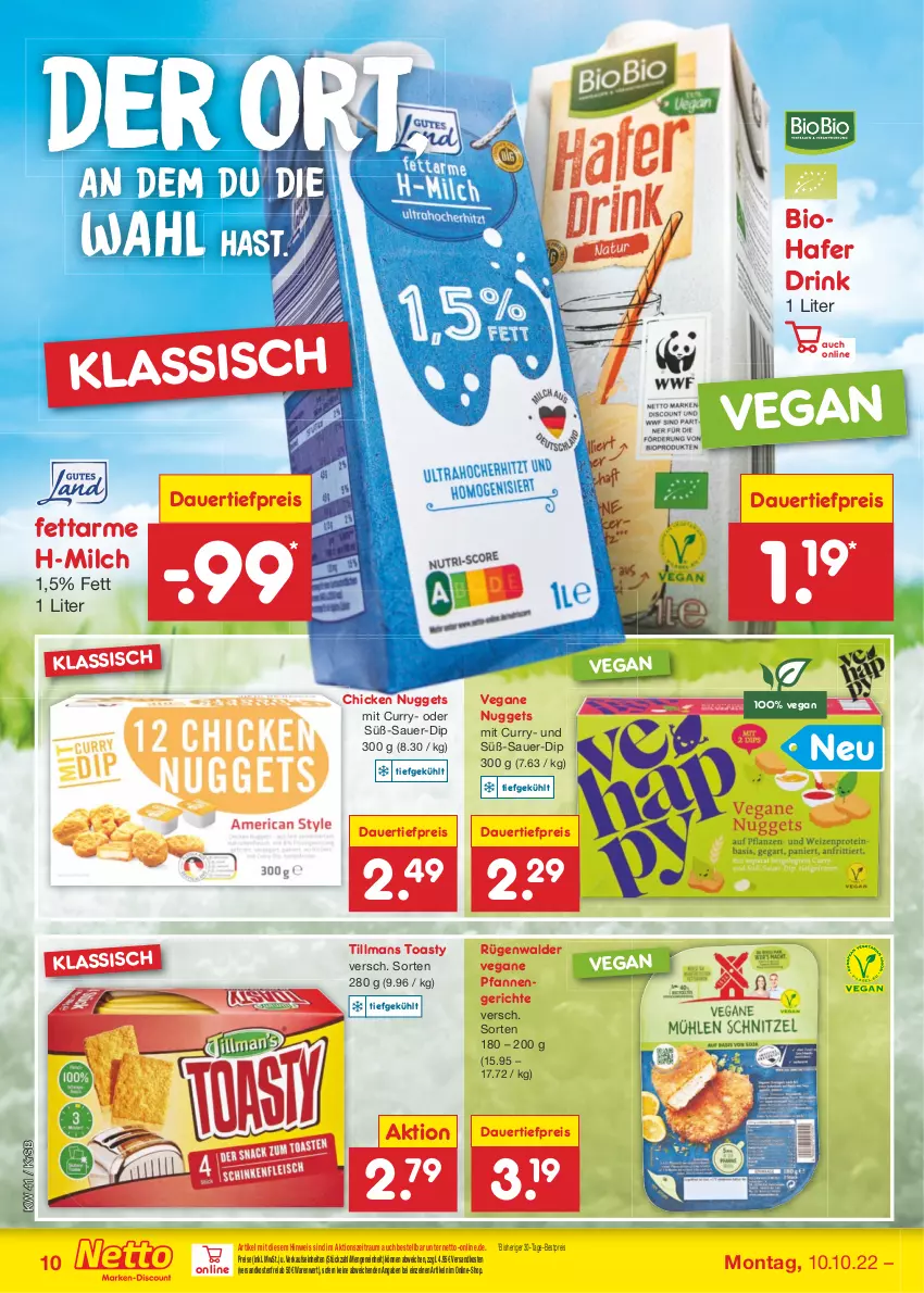 Aktueller Prospekt Netto Marken-Discount - Filial-Angebote - von 10.10 bis 15.10.2022 - strona 10 - produkty: auer, bestpreis, bio, chicken nuggets, curry, dauertiefpreis, dip, drink, eis, hafer, milch, ndk, nuggets, pfanne, pfannen, reis, rügenwalder, Ti, tiefpreis, toast, toasty, versandkostenfrei