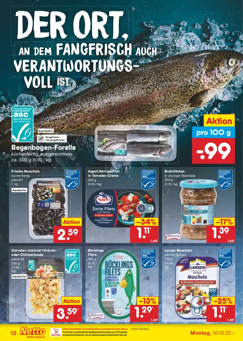 Aktueller Prospekt Netto Marken-Discount - Filial-Angebote - von 10.10 bis 15.10.2022 - strona 12 - produkty: aqua, bestpreis, chili, creme, eis, elle, filet, filets, forelle, garnelen, hering, Herings, kräuter, küche, Küchen, marinade, Muscheln, ndk, reis, rel, ring, Ti, tomate, tomaten, versandkostenfrei