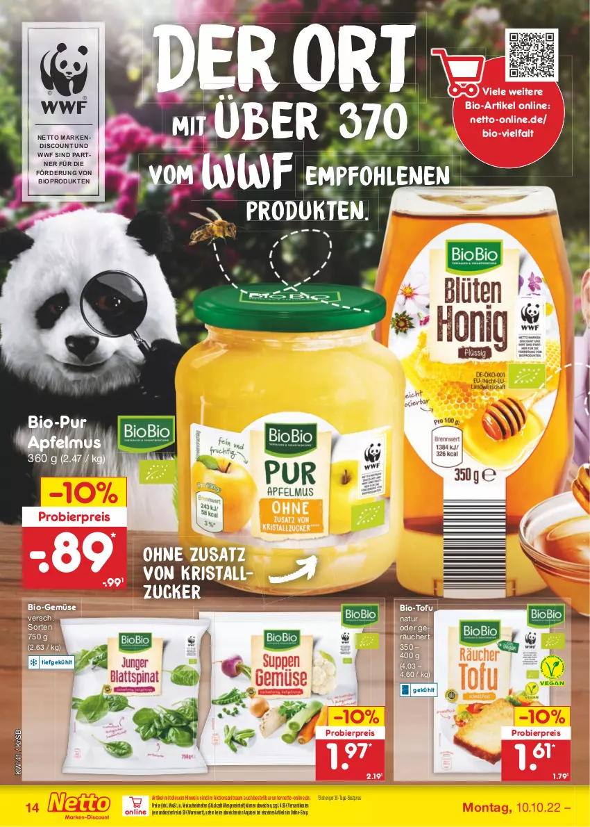 Aktueller Prospekt Netto Marken-Discount - Filial-Angebote - von 10.10 bis 15.10.2022 - strona 14 - produkty: apfel, apfelmus, bestpreis, bier, bio, Bio-Gemüse, discount, eis, natur, ndk, reis, Ti, Tofu, versandkostenfrei, zucker