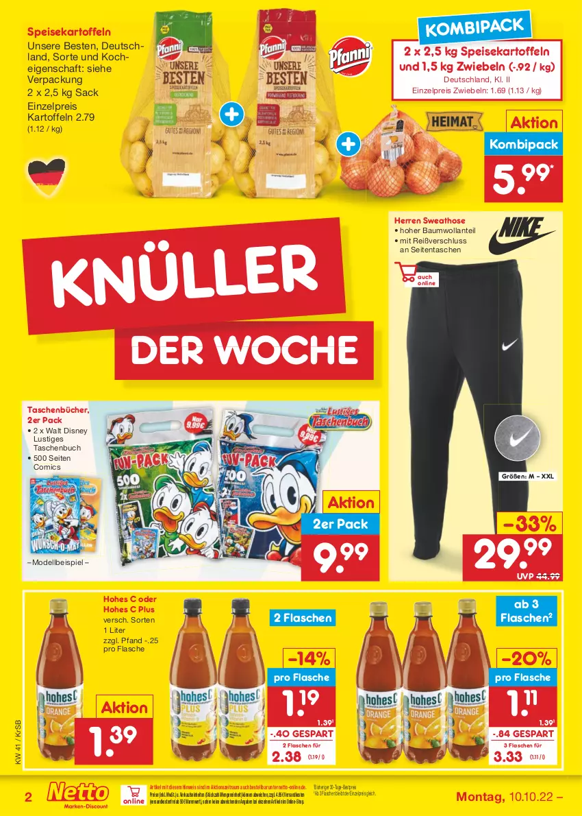 Aktueller Prospekt Netto Marken-Discount - Filial-Angebote - von 10.10 bis 15.10.2022 - strona 2 - produkty: Bau, bestpreis, buch, Comics, dell, disney, eis, flasche, Hohes C, hose, kartoffel, kartoffeln, Lusti, Mode, ndk, reis, sac, speisekartoffeln, Sweathose, Tasche, taschen, Taschenbuch, Ti, versandkostenfrei, zwiebel, zwiebeln