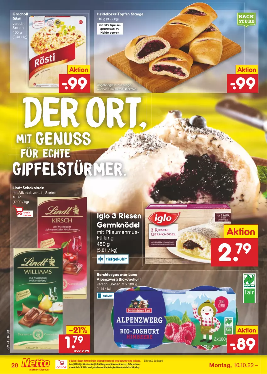 Aktueller Prospekt Netto Marken-Discount - Filial-Angebote - von 10.10 bis 15.10.2022 - strona 20 - produkty: alkohol, angebot, backofen, beere, beeren, bestpreis, bio, bio-joghurt, eis, Germ, heidelbeere, heidelbeeren, iglo, joghur, joghurt, Knödel, lindt, ndk, nuss, Ofen, pflaume, pflaumen, pflaumenmus, quark, reis, schoko, schokolade, speisequark, stube, Ti, topf, Topfen, versandkostenfrei