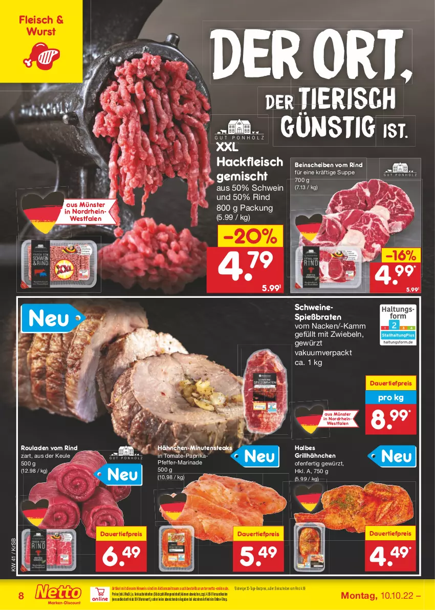 Aktueller Prospekt Netto Marken-Discount - Filial-Angebote - von 10.10 bis 15.10.2022 - strona 8 - produkty: auer, bestpreis, braten, dauertiefpreis, eis, fleisch, gewürz, grill, grillhähnchen, hackfleisch, hackfleisch gemischt, marinade, minutensteaks, mit zwiebeln, ndk, Ofen, paprika, pfeffer, reis, rind, rouladen, schwein, schweine, steak, steaks, suppe, Ti, tiefpreis, tomate, versandkostenfrei, wein, weine, wurst, zwiebel, zwiebeln