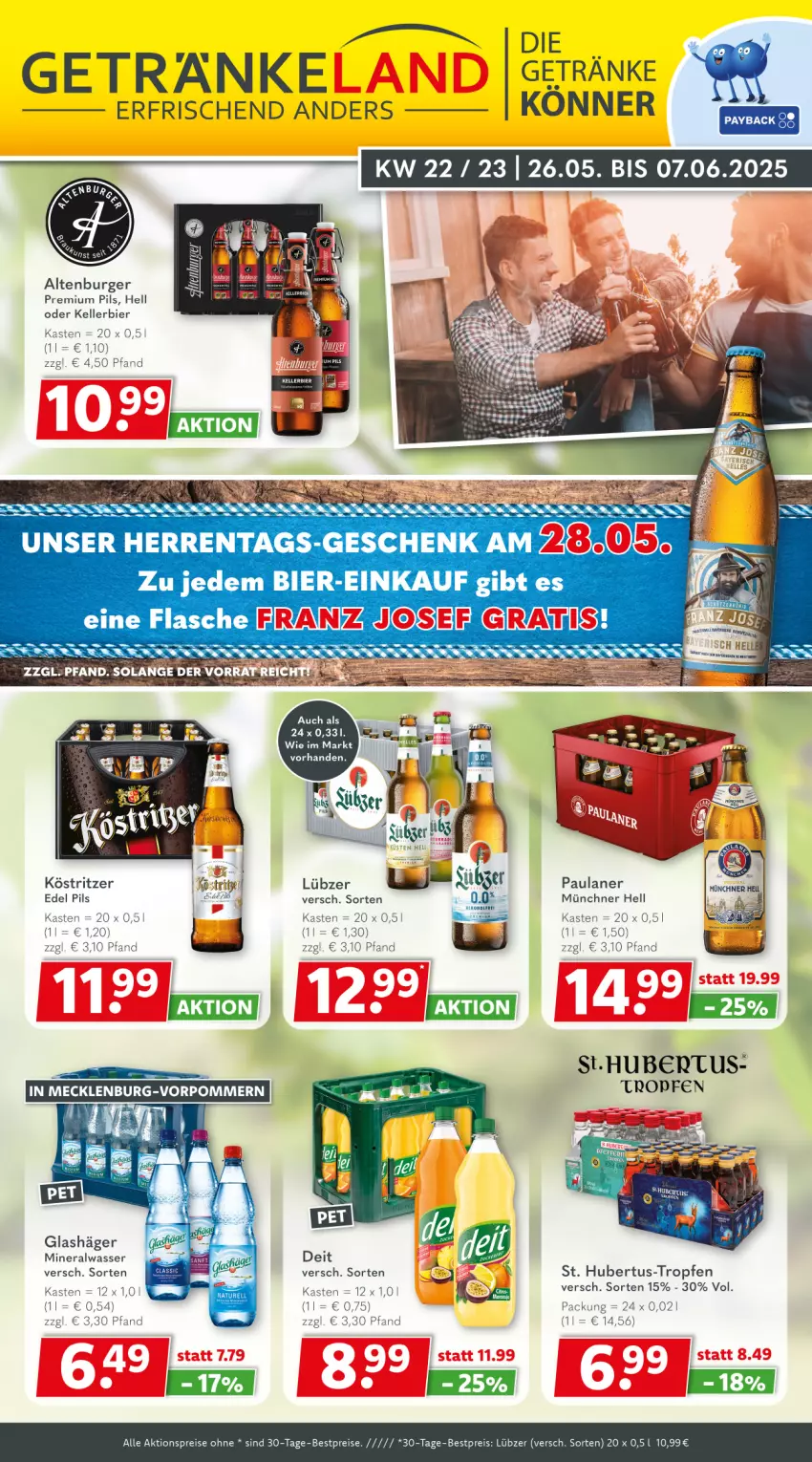 Aktueller Prospekt Getraenkeland - von 25.05 bis 06.06.2025 - strona 1 - produkty: aktionspreis, altenburger, Alwa, bestpreis, bestpreise, bier, burger, deit, eis, elle, getränk, getränke, kellerbier, köstritzer, Lübzer, mineralwasser, Paula, paulaner, payback, pils, premium pils, reis, Ti, wasser