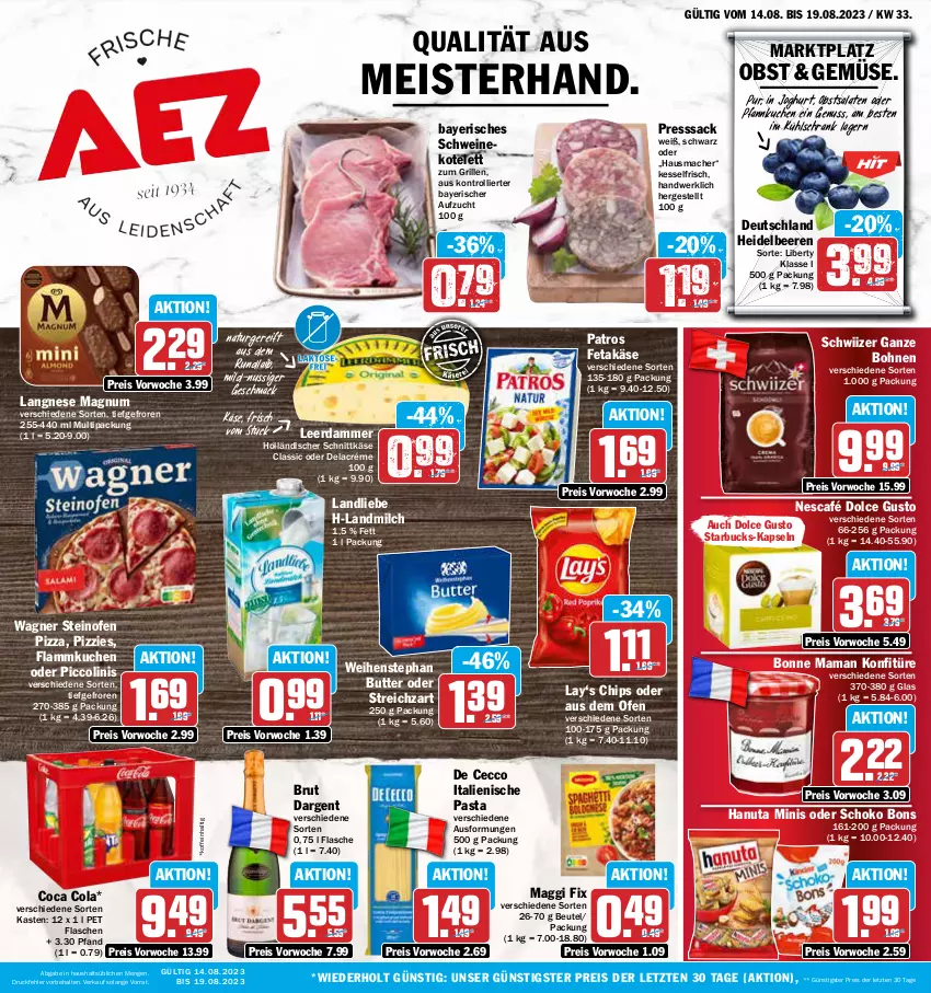 Aktueller Prospekt Aez - Prospekte - von 14.08 bis 19.08.2023 - strona 1 - produkty: beere, beeren, beutel, bohne, bohnen, bonne maman, brut, brut dargent, butter, chips, cola, De Cecco, dolce gusto, ecco, eis, feta, flammkuchen, flasche, grill, hanuta, Hausmacher, heidelbeere, heidelbeeren, holländischer schnittkäse, italienische pasta, joghur, joghurt, Käse, konfitüre, kotelett, kuchen, kühlschrank, lamm, landliebe, landmilch, langnese, leerdammer, mac, maggi, maggi fix, magnum, mam, Meister, milch, natur, Nescafé, nuss, obst, oder piccolinis, Ofen, pasta, patros, Pfannkuchen, piccolinis, pizza, presssack, reis, sac, salat, salate, schnittkäse, schoko, Schrank, schwein, schweine, schweinekotelett, starbucks, steinofen, steinofen pizza, Streichzart, Ti, trolli, wagner, weihenstephan, wein, weine, ZTE