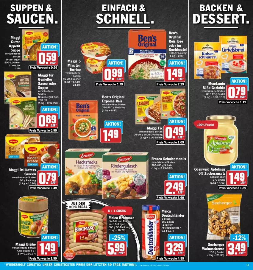 Aktueller Prospekt Aez - Prospekte - von 14.08 bis 19.08.2023 - strona 11 - produkty: apfel, apfelmus, aus dem kühlregal, axe, Becher, Berger, beutel, bratmaxe, Brühe, delikatess sauce, dessert, eis, erasco, frucht, für grill und pfanne, Geflügel, gin, grill, grill und pfanne, kochbeutel, kühlregal, maggi, maggi fix, meica, mondamin, nuss, odenwald, pfanne, regal, reis, sauce, saucen, Schal, Schale, seeberger, suppe, suppen, terrine, Ti, und pfanne, walnuss, walnusskerne, ZTE, zucker