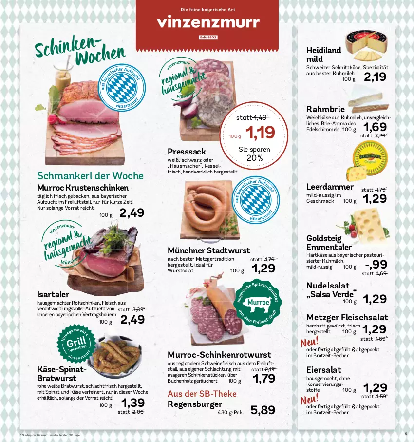 Aktueller Prospekt Aez - Prospekte - von 14.08 bis 19.08.2023 - strona 5 - produkty: auer, Bau, Bauer, Becher, bratwurst, brie, brot, buch, burger, eier, eiersalat, eis, emmentaler, erde, fleisch, fleischsalat, geback, gewürz, goldsteig, hartkäse, Hausmacher, Holz, Käse, Krustenschinken, leerdammer, mac, milch, nudel, nudelsalat, nuss, presssack, regensburger, reis, rohschinken, Rotwurst, sac, salat, Salsa, schinken, schnittkäse, schwein, schweine, schweizer schnittkäse, Spezi, spinat, Ti, weichkäse, wein, weine, wurst, ZTE