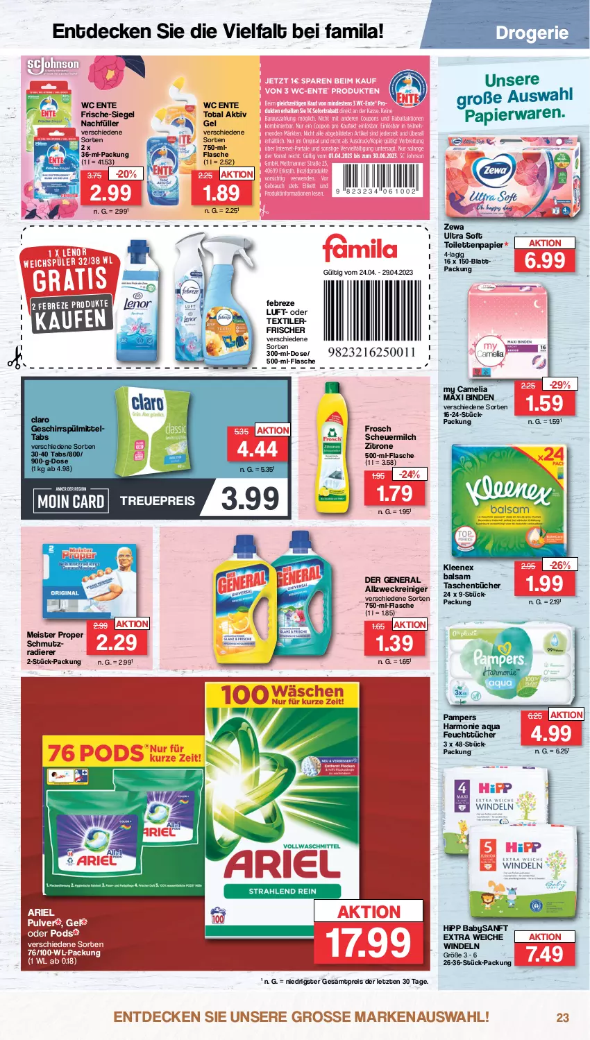 Aktueller Prospekt Famila - Prospekte - von 24.04 bis 29.04.2023 - strona 29 - produkty: aktiv gel, allzweckreiniger, aqua, ariel, balsam, binden, camelia, decke, eis, ente, febreze, feuchttücher, flasche, Frosch, geschirr, geschirrspülmittel, Heu, hipp, lenor, lenor weichspüler, Meister, meister proper, milch, pampers, papier, Pods, reiniger, reis, scheuermilch, spülmittel, Tasche, taschen, taschentücher, Textilerfrischer, Ti, toilettenpapier, tücher, wc ente, weck, weichspüler, windeln, zewa, zitrone, ZTE