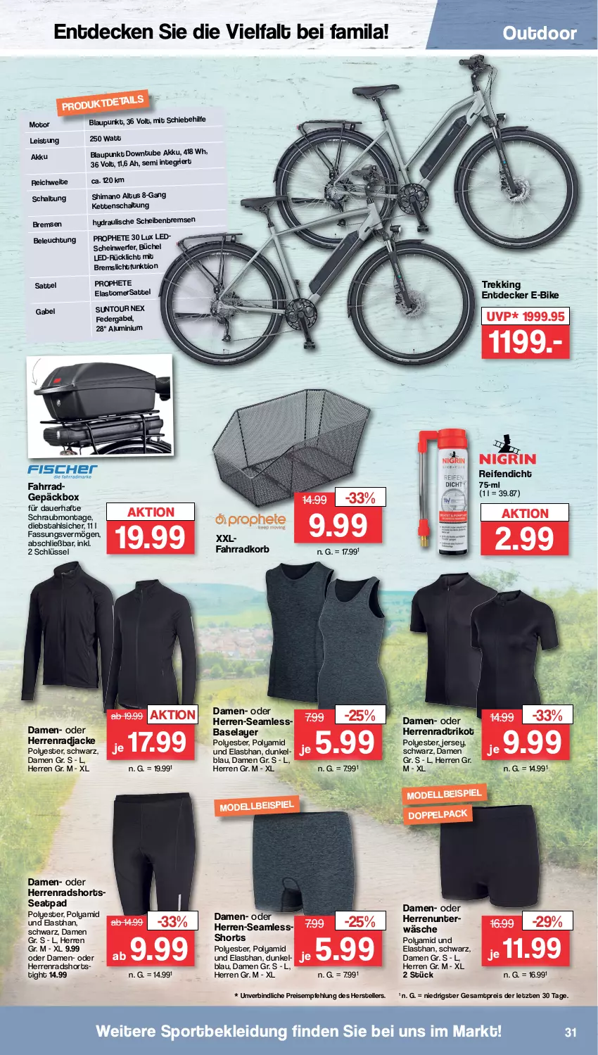 Aktueller Prospekt Famila - Prospekte - von 24.04 bis 29.04.2023 - strona 37 - produkty: akku, auer, beleuchtung, blaupunkt, decke, E-Bike, eis, elle, Fahrrad, gabel, Jacke, Kette, kleid, Kleidung, korb, leds, Mode, prophete, reifen, reis, rücklicht, sattel, Schal, shimano, shorts, Sport, teller, Ti, Trikot, Unterwäsche, ZTE