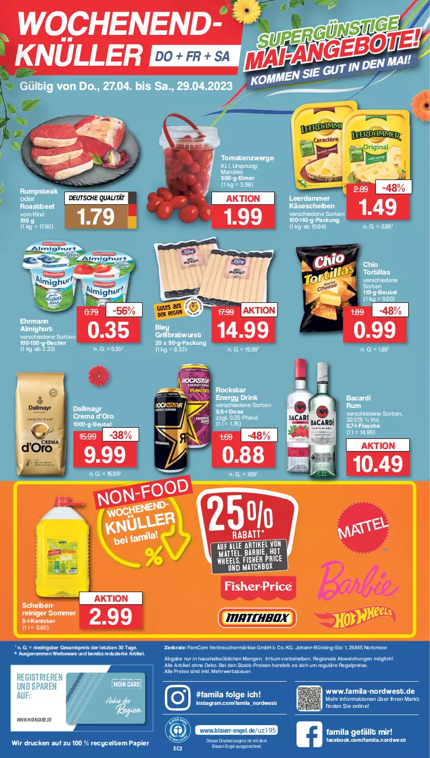 Aktueller Prospekt Famila - Prospekte - von 24.04 bis 29.04.2023 - strona 38 - produkty: almighur, almighurt, auer, Barbie, Becher, beef, beutel, bley, bratwurst, dallmayr, drink, drucker, ehrmann, ehrmann almighurt, eimer, eis, energy drink, Engel, flasche, grill, grillbratwurst, Hot Wheels, Käse, käsescheiben, kerze, leerdammer, LG, Mattel, ndk, papier, Rauch, regal, reiniger, reis, rind, roastbeef, Rockstar, rum, rumpsteak, rwe, steak, Ti, tomate, tomaten, tortilla, tortillas, wurst, ZTE