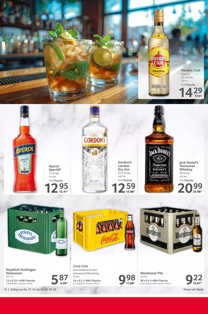 Aktueller Prospekt Selgros - Gastronomie - von 17.10 bis 30.10.2024 - strona 22 - produkty: aperitif, aperol, cola, dry gin, eis, erde, flasche, gin, gordon, Gordon’s, Havana Club, jack daniel, Jack Daniel’s, london dry, london dry gin, mw-flasche, pils, reis, steiner, tennessee whiskey, Ti, warsteiner, wasser, whiskey