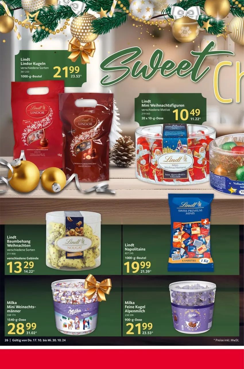 Aktueller Prospekt Selgros - Gastronomie - von 17.10 bis 30.10.2024 - strona 26 - produkty: alpenmilch, Bau, beutel, haselnuss, Kugel, lindor, lindt, milch, milka, nuss, Ti, weihnachten, Weihnachtsfigur, wein