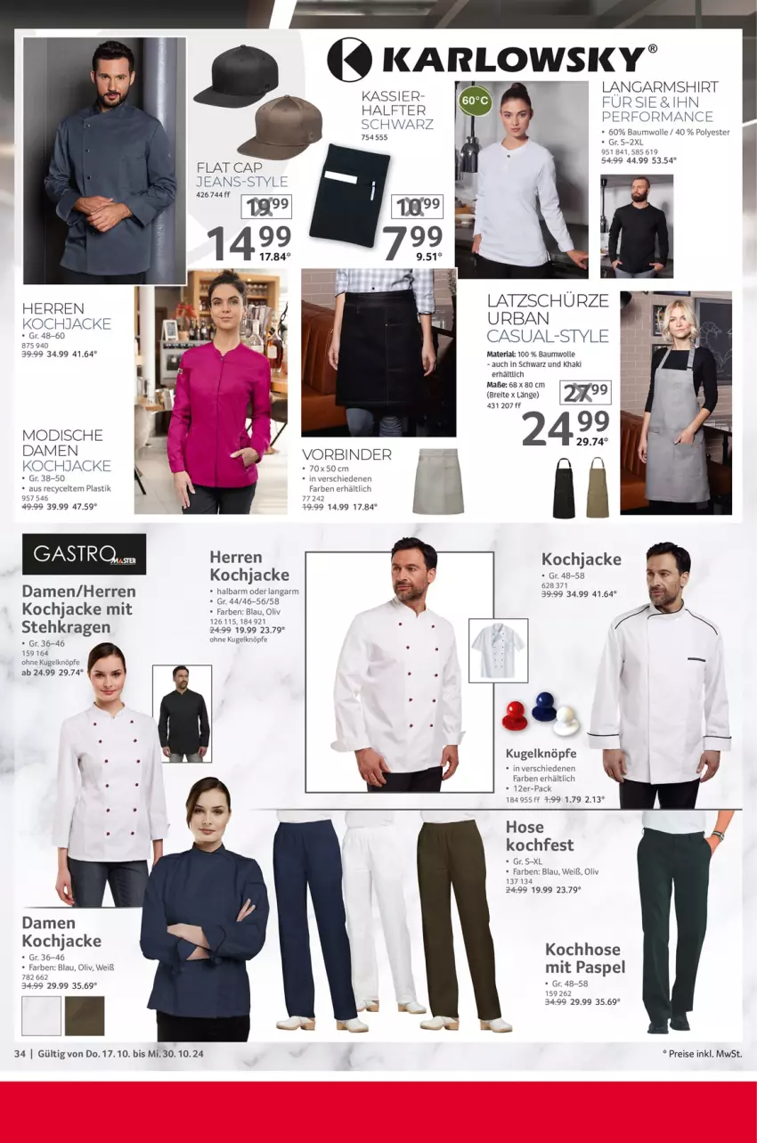 Aktueller Prospekt Selgros - Gastronomie - von 17.10 bis 30.10.2024 - strona 34 - produkty: arlo, asti, Bau, baumwolle, Brei, Cap, eis, hose, Jacke, jeans, Kugel, Langarmshirt, reis, Ria, Schürze, shirt, Ti, wolle