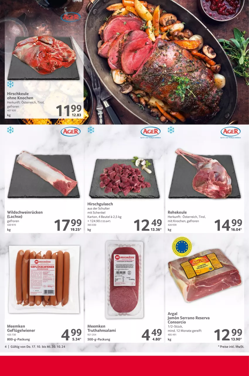 Aktueller Prospekt Selgros - Gastronomie - von 17.10 bis 30.10.2024 - strona 4 - produkty: beutel, eis, Geflügel, gulasch, henkel, lachs, reis, salami, schenkel, schwein, serrano, Speck, Ti, truthahn, wein, wiener, Wild, Wildschwein