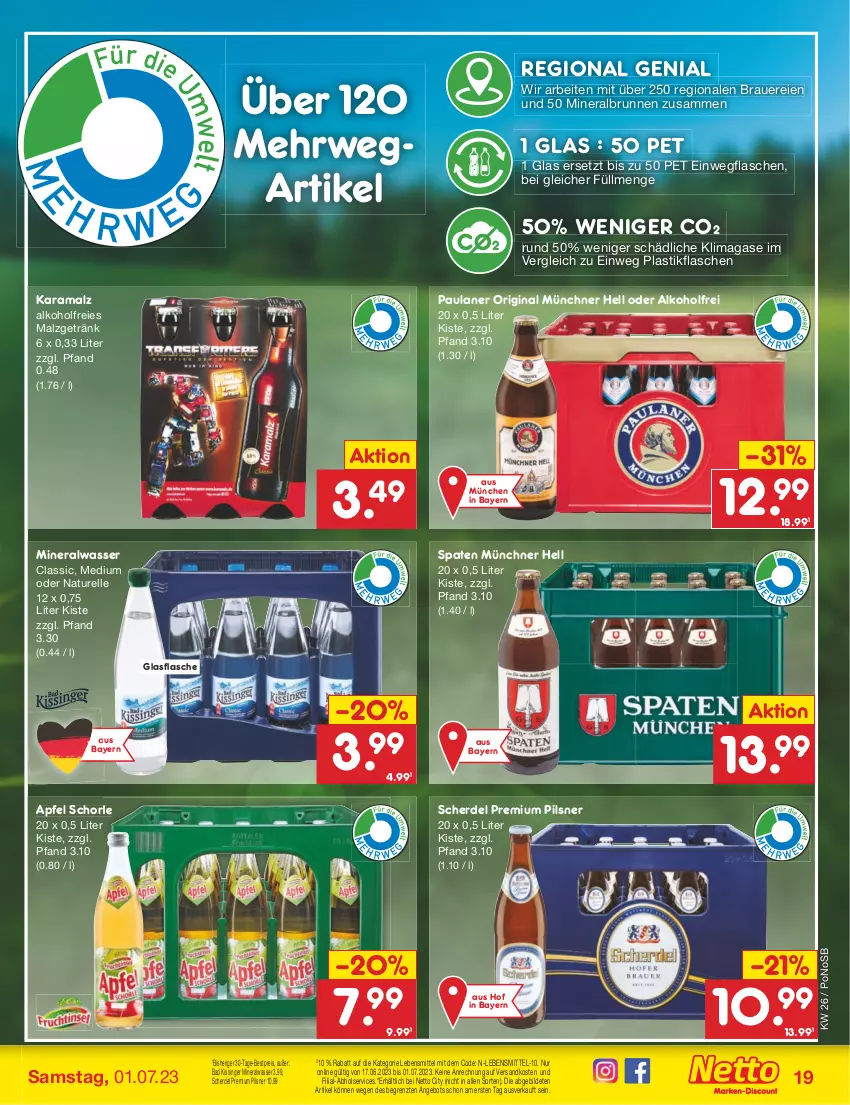 Aktueller Prospekt Netto Marken-Discount - Filial-Angebote - von 26.06 bis 01.07.2023 - strona 19 - produkty: alkohol, Alwa, angebot, apfel, asti, auer, Bad, bestpreis, brunnen, eis, elle, erde, flasche, getränk, gin, glasflasche, karamalz, lebensmittel, malz, mineralwasser, natur, ndk, Paula, paulaner, pils, pilsner, premium pils, rama, reis, rel, rwe, schorle, Spaten, Ti, wasser, ZTE