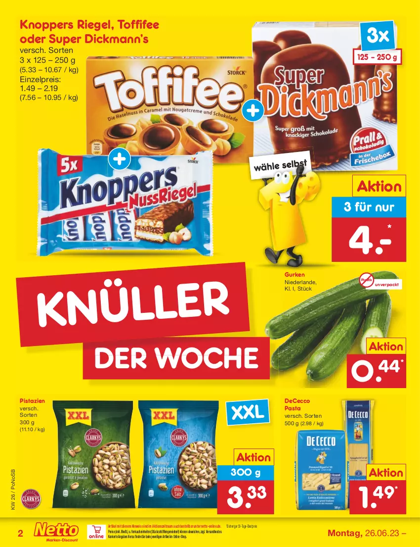 Aktueller Prospekt Netto Marken-Discount - Filial-Angebote - von 26.06 bis 01.07.2023 - strona 2 - produkty: asti, bestpreis, ecco, eis, gurke, gurken, knoppers, ndk, pasta, pistazien, reis, riegel, Ti, toffifee