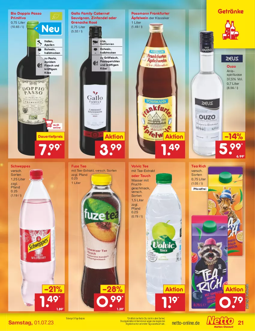 Aktueller Prospekt Netto Marken-Discount - Filial-Angebote - von 26.06 bis 01.07.2023 - strona 21 - produkty: angebot, auer, bestpreis, bio, cabernet, cabernet sauvignon, dauertiefpreis, doppio passo, eis, fleisch, frankfurter, frucht, fuze tea, gallo, gallo family, getränk, getränke, grill, Käse, mac, mit frucht, ouzo, passo, pasta, Pastagericht, primitivo, reis, rotwein, sauvignon, schweppes, tee, Ti, tiefpreis, volvic, wasser, wein, ZTE