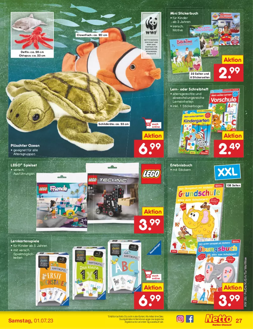 Aktueller Prospekt Netto Marken-Discount - Filial-Angebote - von 26.06 bis 01.07.2023 - strona 27 - produkty: angebot, buch, discount, fisch, Kartenspiel, Kinder, LEGO®, Plüsch, Spiele, Stickerbuch, Ti, ZTE