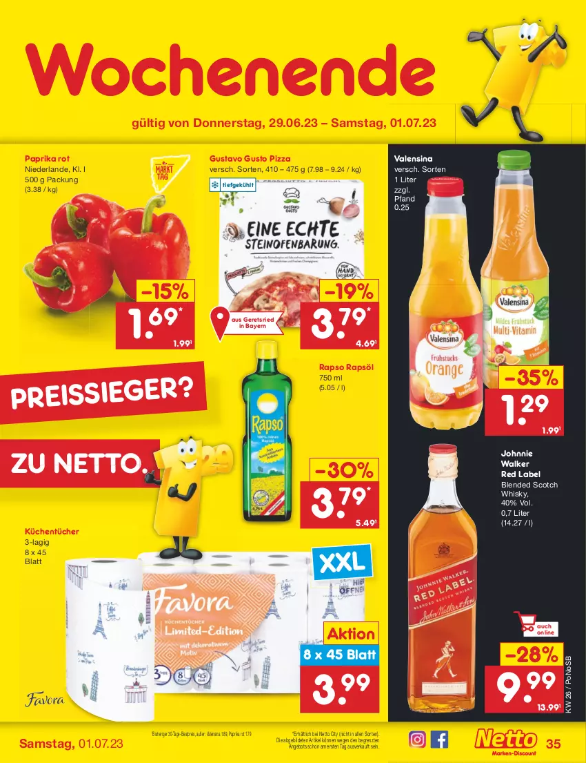 Aktueller Prospekt Netto Marken-Discount - Filial-Angebote - von 26.06 bis 01.07.2023 - strona 35 - produkty: angebot, bestpreis, blended scotch, blended scotch whisky, eis, johnnie walker, küche, Küchen, küchentücher, paprika, paprika rot, pizza, rapso, rapsöl, reis, reiss, scotch, scotch whisky, Ti, tücher, valensina, whisky, ZTE