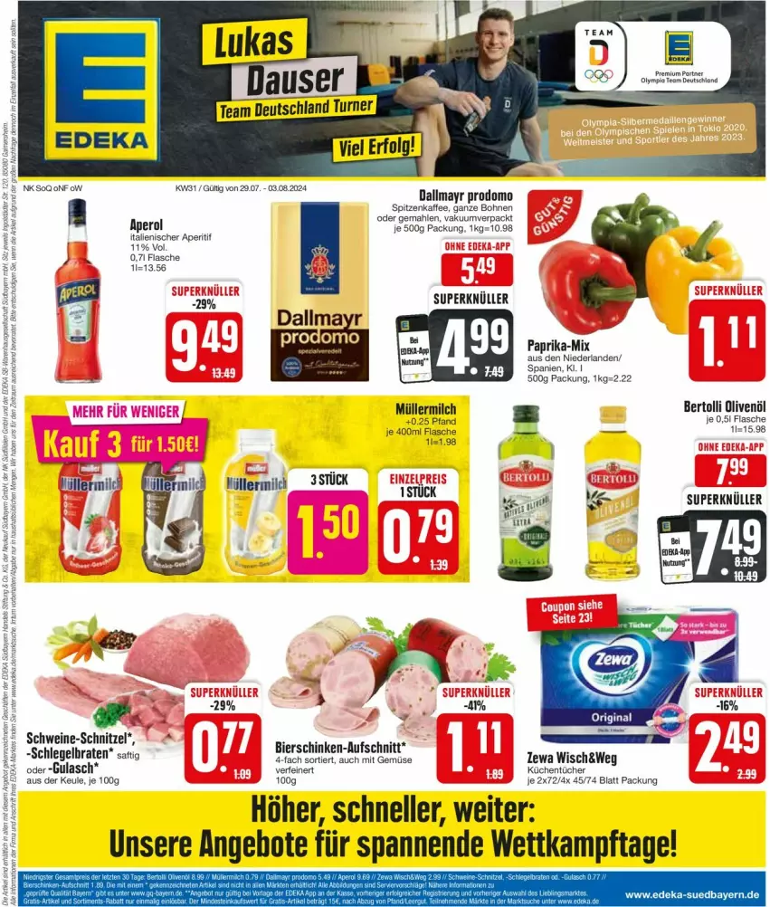 Aktueller Prospekt Edeka - Prospekte - von 29.07 bis 03.08.2024 - strona 1 - produkty: angebot, angebote, aperitif, aperol, aufschnitt, bertolli, bier, bierschinken, bohne, bohnen, braten, dallmayr, dallmayr prodomo, elle, flasche, gulasch, kaffee, küche, Küchen, küchentücher, milch, mit gemüse, Müller, müllermilch, olive, oliven, olivenöl, paprika, prodomo, schinken, schnitzel, schwein, schweine, schweine-schnitzel, Ti, tuc, tücher, wein, weine, zewa