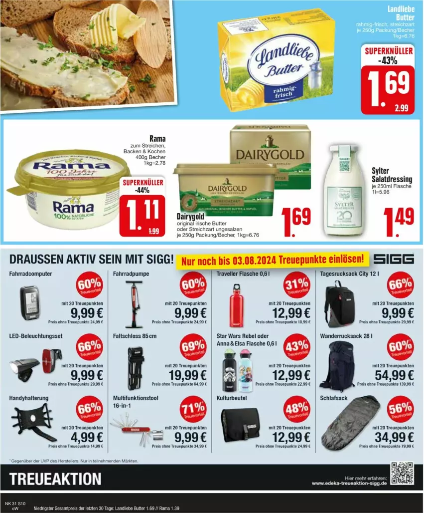 Aktueller Prospekt Edeka - Prospekte - von 29.07 bis 03.08.2024 - strona 10 - produkty: Becher, beleuchtung, beutel, butter, computer, Dairygold, dressing, eis, elle, Fahrrad, Faltschloss, flasche, gin, Handy, irische butter, led-beleuchtung, pute, rama, reis, rucksack, sac, salat, salatdressing, salz, schlafsack, Streichzart, Sylter, Ti